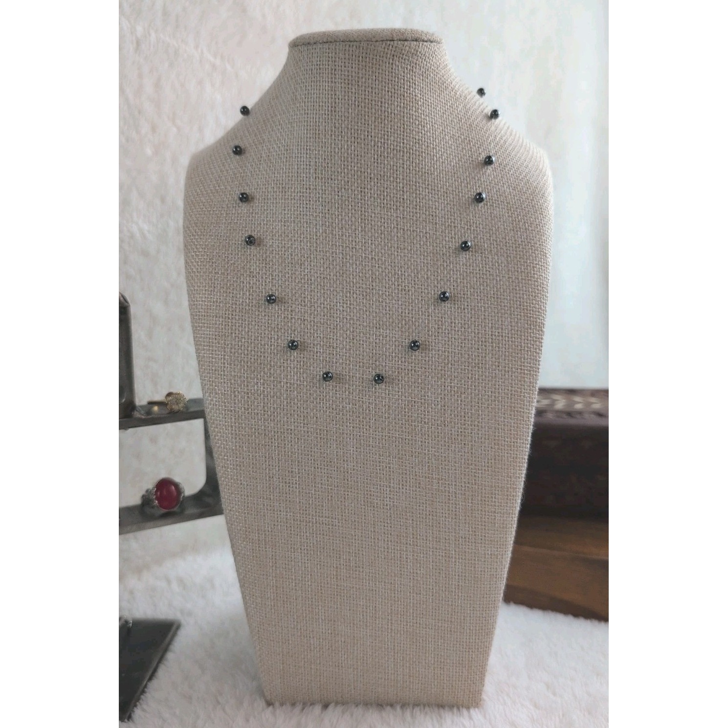 Vintage Black Bead Station Necklace W/ Filigree Clasp Dainty 1617